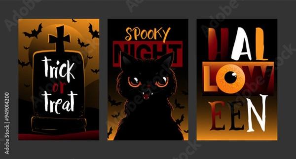 Fototapeta Set of halloween cards, posters, flyers and other. Vector illustrations with black cat. Halloween poster designs with symbols and calligraphy. Funny halloween cards set