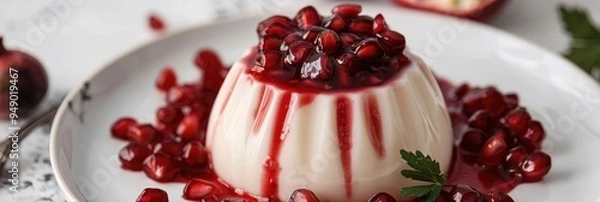 Fototapeta Pomegranate Cream Dessert Rose Shaped Panna Cotta with Pomegranate Sauce on a Light Gray Background