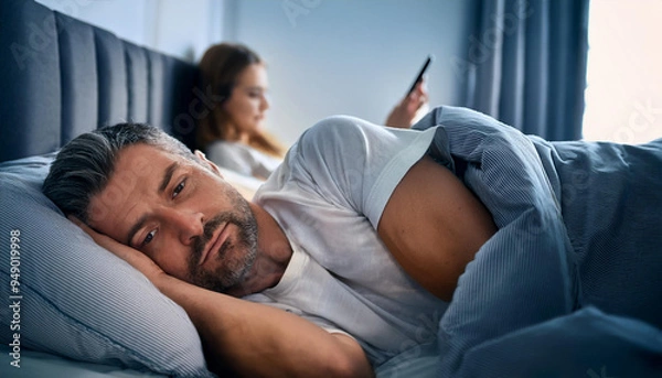 Obraz Ein Mann mittleren Alters liegt schlaflos und traurig im Bett von seiner Partnerin weggedreht, während seine Frau sich mit ihrem Smartphone beschäftigt.