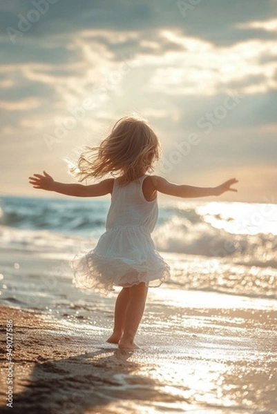 Fototapeta Joyful Child Playing at Sunset on the Beach