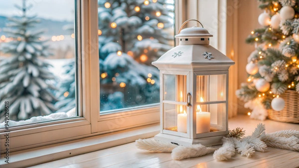 Obraz Window sill with Christmas lantern, pine branches, and holiday decorations in a winter setting