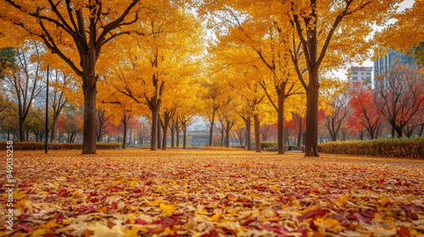 Obraz 秋の公園と落葉