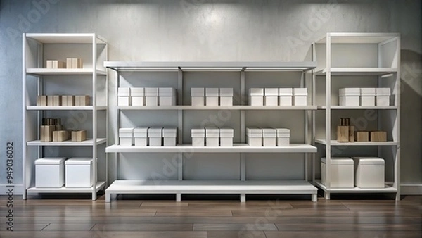 Fototapeta Empty white shelf with customizable labels and placeholder boxes, perfect for product placement and branding, against a clean and minimalist gray store background.