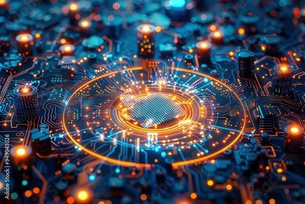Fototapeta Futuristic Circuit Board with Glowing Core