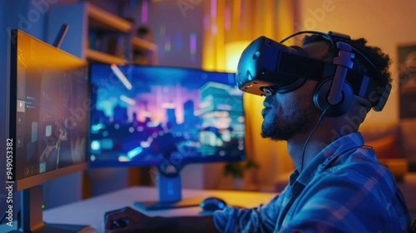 Fototapeta Software developer is using a vr headset in his home office