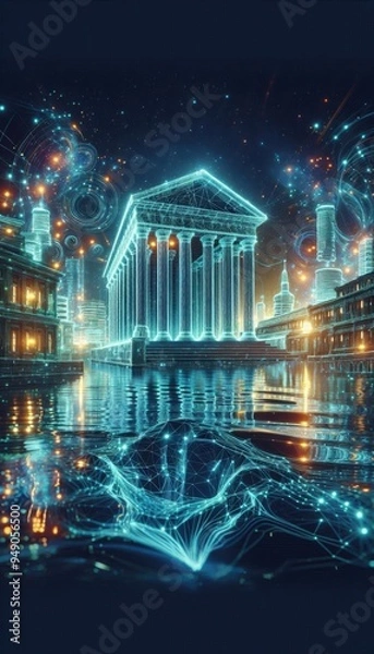 Fototapeta Futuristic bank logo with holographic elements and digital technology symbols, symbolizing the integration of advanced financial services in an online environment