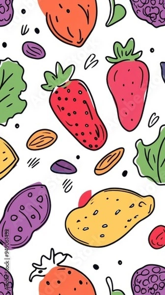 Fototapeta A vibrant arrangement of various healthy food items, including fruits, vegetables, and nuts, creating a lively design