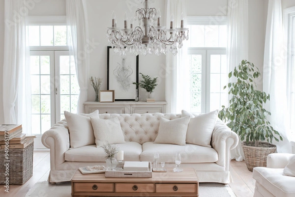 Fototapeta Elegant living room with a cream-colored linen sofa, crystal chandelier, and classic, timeless decor