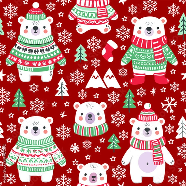 Fototapeta Christmas seamless pattern, Polar bear and snowflackes, pintree. Cute cartoon character for holiday wrapping paper. Vector pattern for kids.