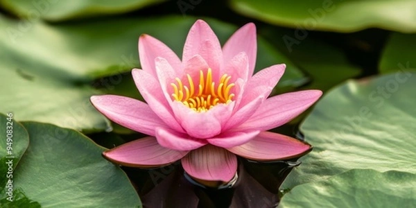 Fototapeta Serene Beauty of a Vibrant Pink Lotus Flower Surrounded by Lush Green Leaves and Reflecting on Water Surface