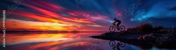 Fototapeta Photorealistic sunset silhouette of a cyclist riding along a hill, colorful sky reflecting on water, highresolution, rich colors, lifelike details