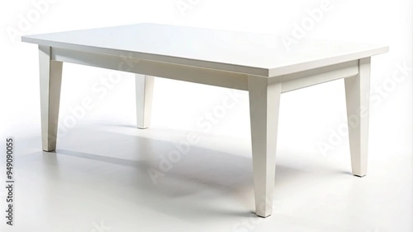 Fototapeta Modern minimalist white wooden coffee table stands isolated on a pure white background, featuring clean lines, simple legs, and a smooth, empty surface.