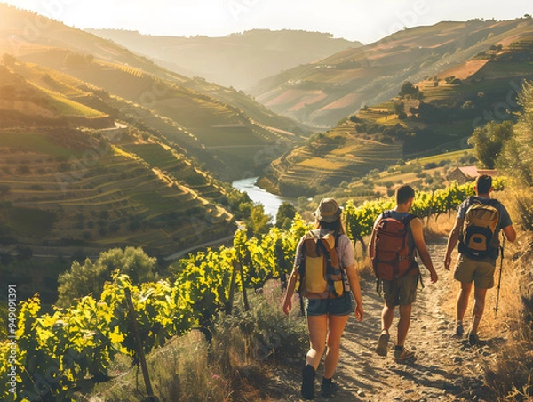 Obraz A group of friends enjoying a scenic hike through the lush vineyards of Douro Valley.