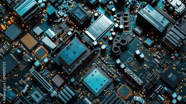 Fototapeta Modern electronics motherboard components forming computing background