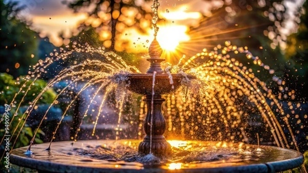 Fototapeta Refreshing droplets of water suspended in mid-air, glistening with sunlight, as a sudden burst of liquid propels from a fountain's nozzle, capturing a fleeting moment of serenity.