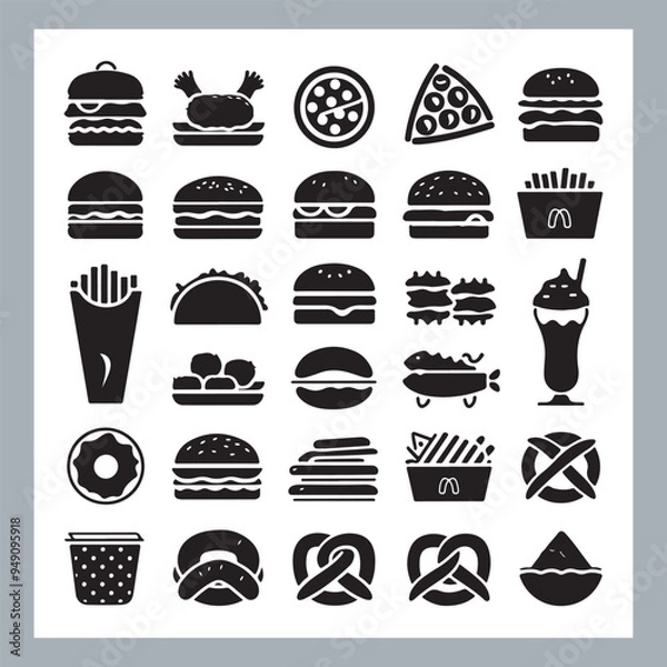 Fototapeta Set of fast food silhouette chicken grill, pizza, chicken sandwich, pasta, burger, French fries, sandwich, chicken wings vector in white background