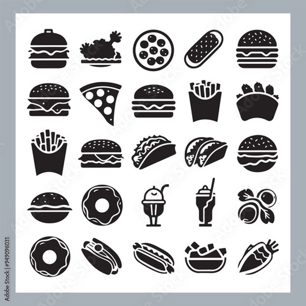 Fototapeta Set of fast food silhouette chicken grill, pizza, chicken sandwich, pasta, burger, French fries, sandwich, chicken wings vector in white background