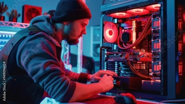 Obraz Computer technician installing hardware component in gaming pc with neon light