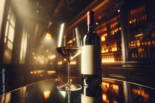 Fototapeta Unlabeled wine bottle near filled glass on glass table. Dim lighting hints at an elegant, upscale setting, suitable for restaurants or wine tasting rooms.