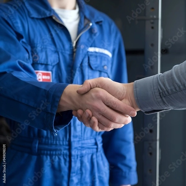 Fototapeta Positive mechanic and male client shaking hands in automobile service. Businessman in formal attire shaking hands with mechanic in garage. Car on lift in background.
