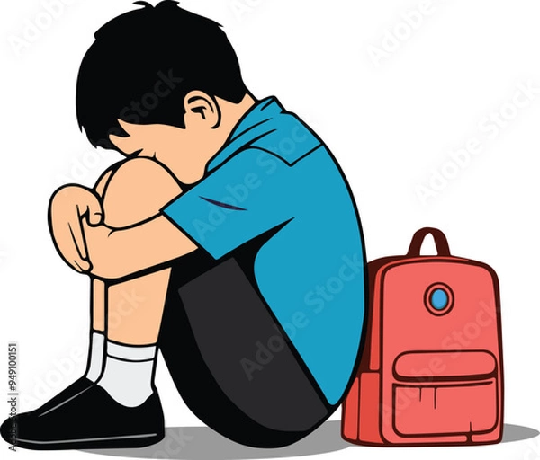 Fototapeta Alone and Abandoned An Illustration Depicting Child Rights Issues and the Emotional Impact of Bullying Abuse and Loneliness on Elementary Age Boys in the USA palm on face and down between two knee png