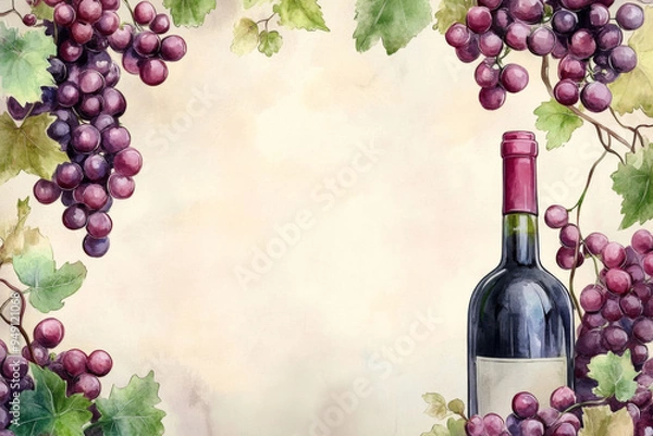 Fototapeta frame model - Watercolor illustration featuring a wine bottle and glass with grapevines, offering space for text on a light background.