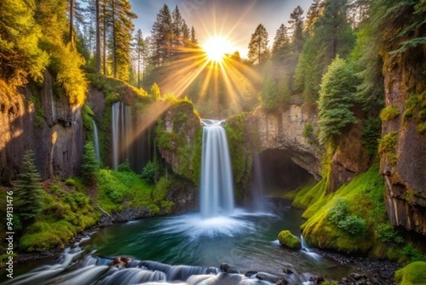 Fototapeta Toketee Falls after the rain crystallizes into a shimmering veil of diamonds, suspended in mid-air as the sun bursts through the mist.