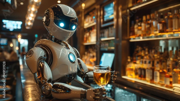 Fototapeta the android bartender robot stands at the bar against the background of alcohol with a glass full of alcohol,