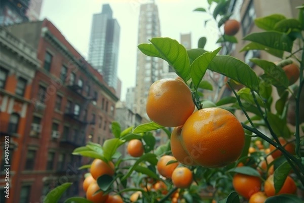 Fototapeta Ripe oranges hanging on the trees bathed in natural sunlight. that were planted in the city There are tall buildings in the background, a city park.