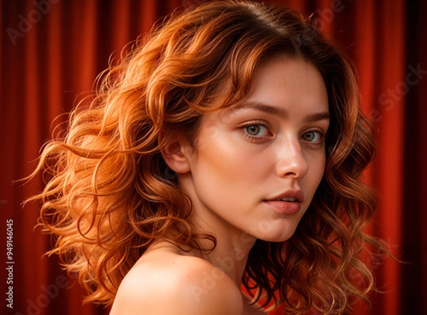 Fototapeta Suggested Title: "AI-Generated Portrait: Elegance and Warmth of a Woman with Reddish Hair and Intense Gaze Under Warm Lighting"