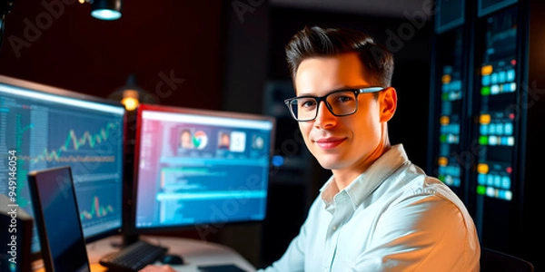 Fototapeta Title: "Young Professional in the Office"

Description: AI-generated photograph of a young professional confidently working on a laptop in a modern office. The scene highlights a productive and positi