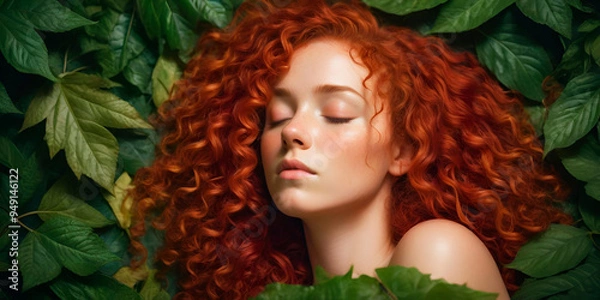 Fototapeta "Portrait with Floral Background"Description: AI-generated photograph of a woman with long, flowing red hair, posing in front of a vibrant floral backdrop. The image emphasizes natural beauty and the 