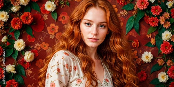 Fototapeta "Portrait with Floral Background"Description: AI-generated photograph of a woman with long, flowing red hair, posing in front of a vibrant floral backdrop. The image emphasizes natural beauty and the 