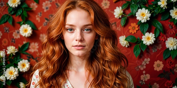 Fototapeta "Portrait with Floral Background"Description: AI-generated photograph of a woman with long, flowing red hair, posing in front of a vibrant floral backdrop. The image emphasizes natural beauty and the 