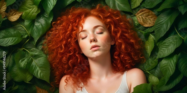 Fototapeta "Portrait with Floral Background"Description: AI-generated photograph of a woman with long, flowing red hair, posing in front of a vibrant floral backdrop. The image emphasizes natural beauty and the 