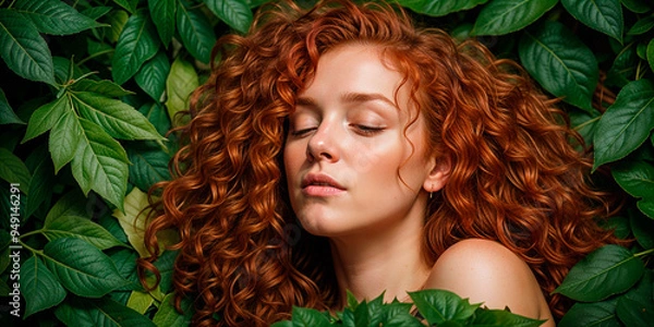 Fototapeta "Portrait with Floral Background"Description: AI-generated photograph of a woman with long, flowing red hair, posing in front of a vibrant floral backdrop. The image emphasizes natural beauty and the 