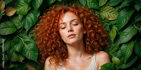 Fototapeta "Portrait with Floral Background"Description: AI-generated photograph of a woman with long, flowing red hair, posing in front of a vibrant floral backdrop. The image emphasizes natural beauty and the 