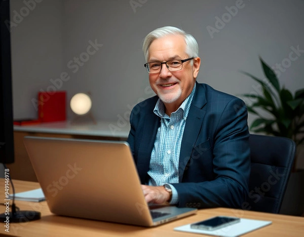 Fototapeta Title: "Professional in the Office"Description: AI-generated photograph of an older professional man smiling confidently while working on his laptop in a modern office. The scene highlights a producti