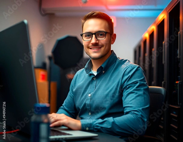 Fototapeta Title: "Young Professional in the Office"Description: AI-generated photograph of a young professional confidently working on a laptop in a modern office. The scene highlights a productive and positive