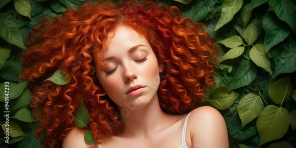 Fototapeta "Portrait with Floral Background"Description: AI-generated photograph of a woman with long, flowing red hair, posing in front of a vibrant floral backdrop. The image emphasizes natural beauty and the 