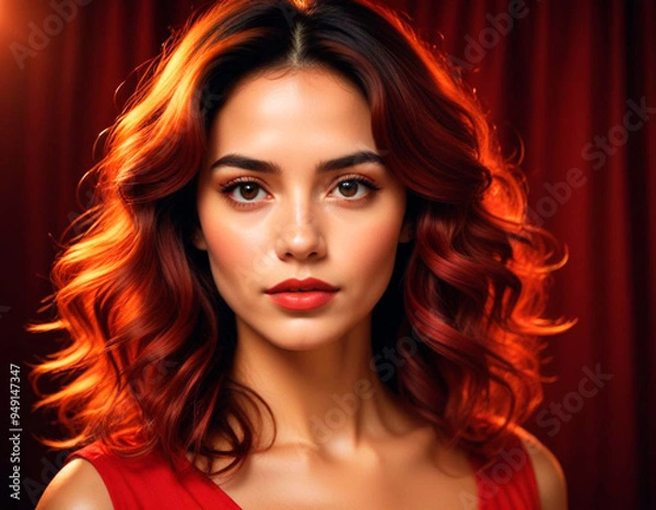 Fototapeta Suggested Title: "AI-Generated Portrait: Elegance and Warmth of a Woman with Reddish Hair and Intense Gaze Under Warm Lighting"