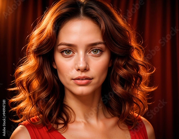 Fototapeta Suggested Title: "AI-Generated Portrait: Elegance and Warmth of a Woman with Reddish Hair and Intense Gaze Under Warm Lighting"