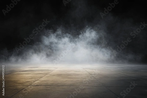 Fototapeta Abstract Dark Background with Smoke and Fog on Empty Concrete Floor, Ideal for Product Presentation or Mockup Template, High-Resolution Panoramic Banner Design