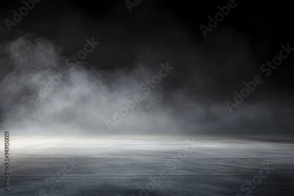 Fototapeta Abstract Dark Background with Smoke and Fog on Empty Concrete Floor, Ideal for Product Presentation or Mockup Template, High-Resolution Panoramic Banner Design