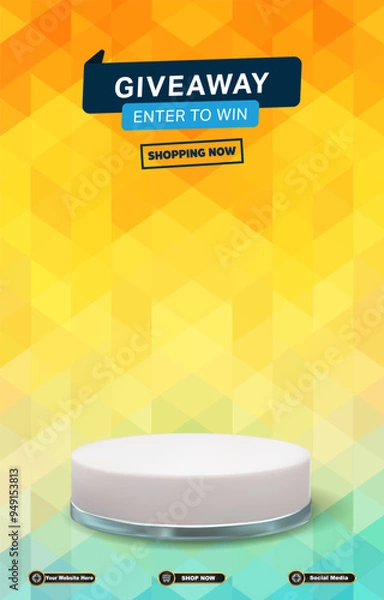 Fototapeta giveaway sale discount portait template banner with blank space 3d podium for social media post product sale with abstract gradient yellow background design27