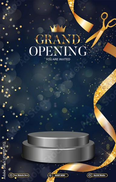 Fototapeta grand opening sale discount portait template banner with blank space 3d podium for social media post product sale with abstract gradient black background design25
