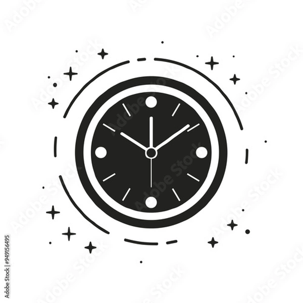 Fototapeta This design features a black clock surrounded by playful stars, capturing the essence of time in a stylish and modern way suitable for various creative uses, Striking Midnight holiday