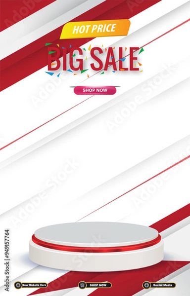 Fototapeta hot big sale discount portait template banner with blank space 3d podium for social media post product sale with abstract gradient red background design43