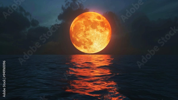 Obraz beautiful big orange moon at night, view from on the sea, ultra realistic 