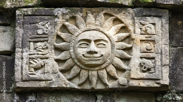 Fototapeta Inca sun god symbol carved into stone, representing the deep spiritual beliefs of the ancient civilization.